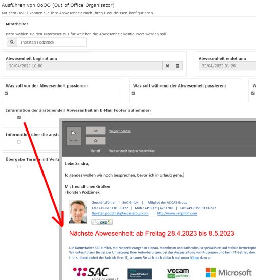 Beispiel Screenshot des "Out of Office Organisator". Auf dem Screenshot sieht man die Bedienungsoberfläche des Programms und die automatische Einbindung in Outlook