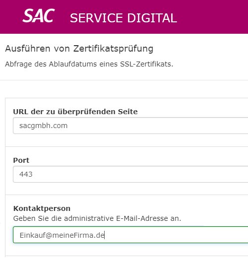 Screenshot der SAC GmbH SSL-Zertifikatschecker. Zu sehen ist das SAC Service Digital Banner und die auszufüllenden Details um das Zertifikat auf sein Ablaufdatum zu überprüfen.