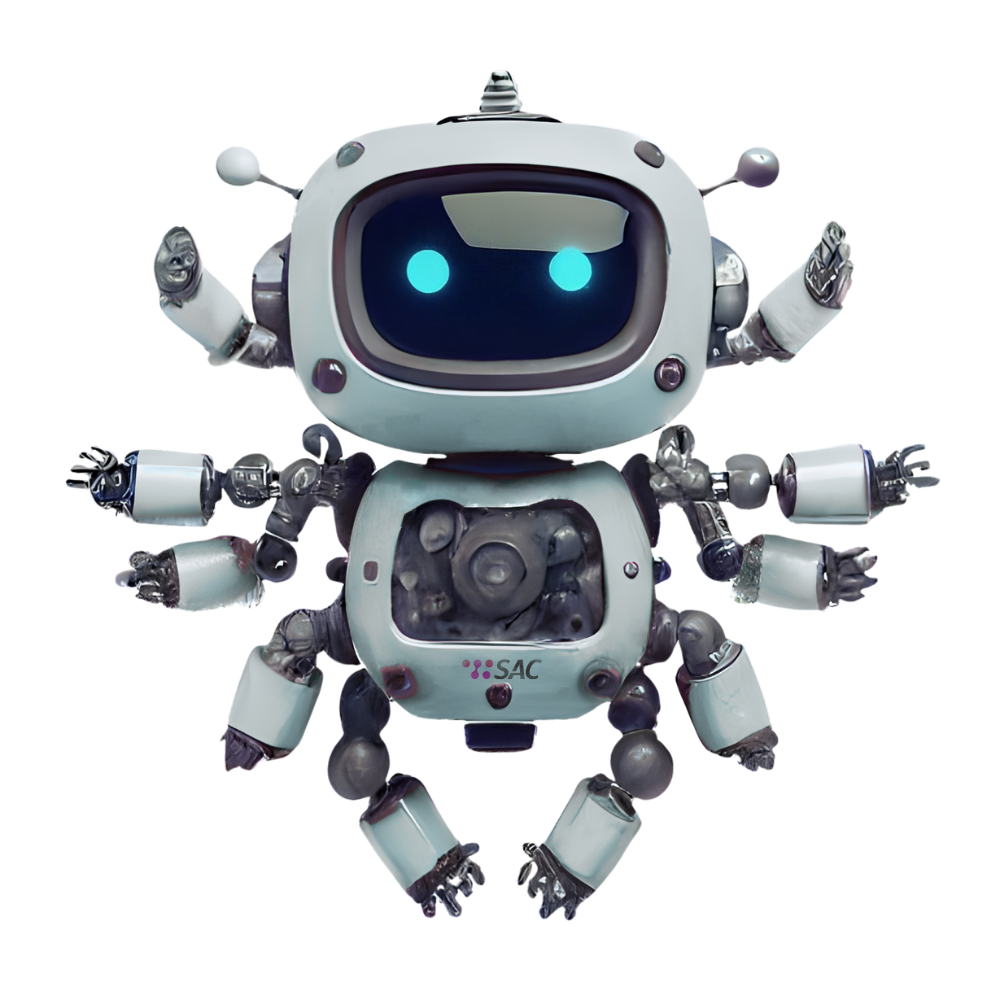 Abbildung eines Roboters mit 10 Armen und dem SAC Logo in der Mitte des Torsos. Als Kopf hat er einen Bildschirm mit zwei blauen Punkten als Augen. Dieser steht für den SAC AutoMate um tägliche IT-Aufgaben zu atomatisieren