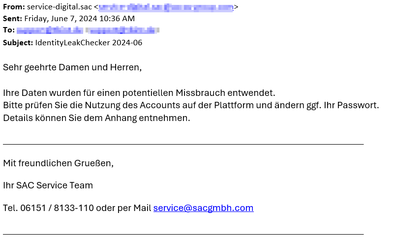 sac_screenshot_identity-leak-checker-benachrichtigung Ein Screenshot von der E-Mail-Benachrichtigung nachdem der Identity Leak Checker kompromittierte Daten gefunden hat. In der E-Mail wird der Empfänger auf einen Missbrauch hingewiesen und welche Maßnahmen nun zu ergreifen sind.