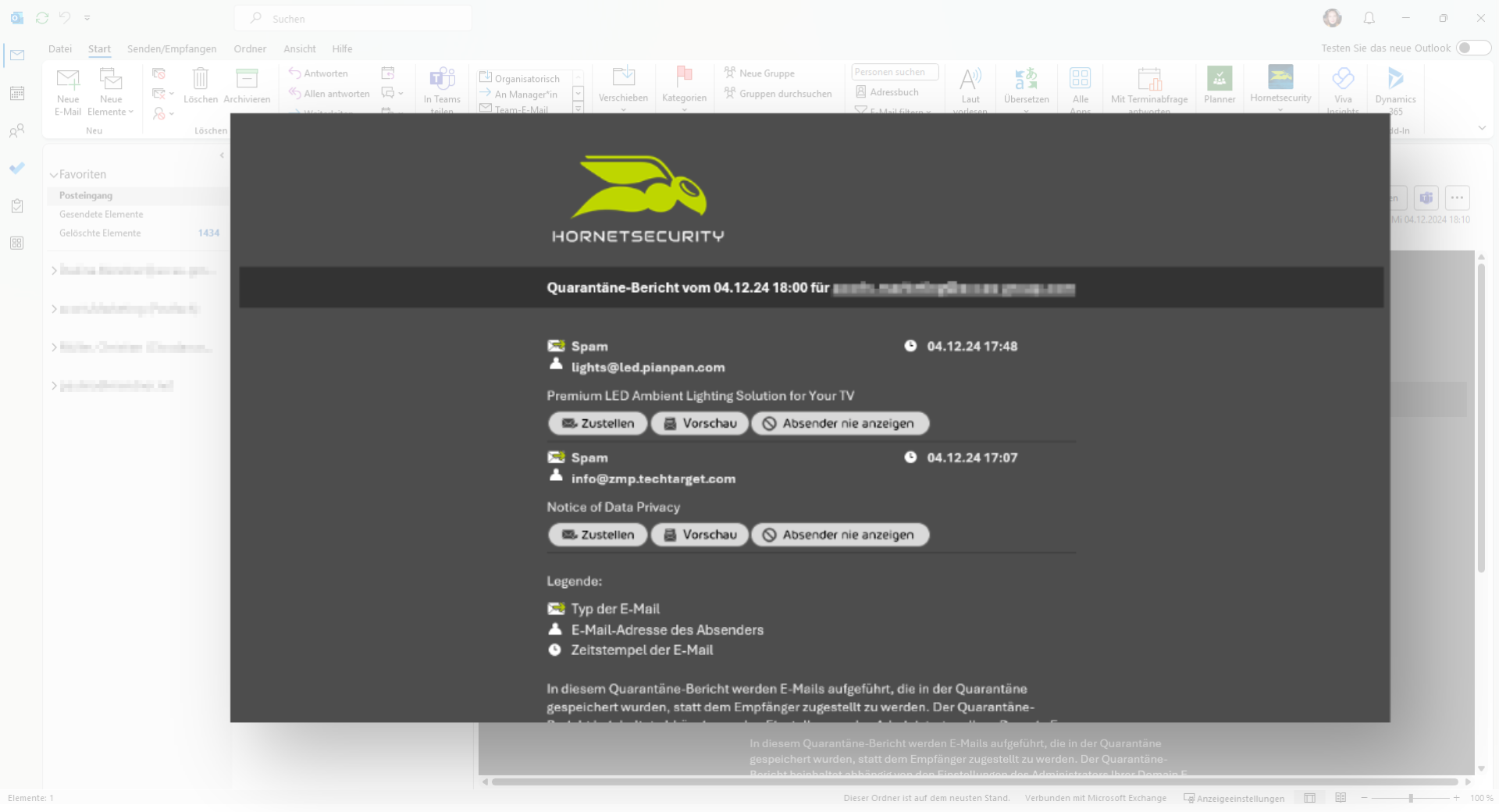 sac_screenshot_spam-bericht Screenshot von Hornetsecurity und einer Auflistung erkannter Spammails