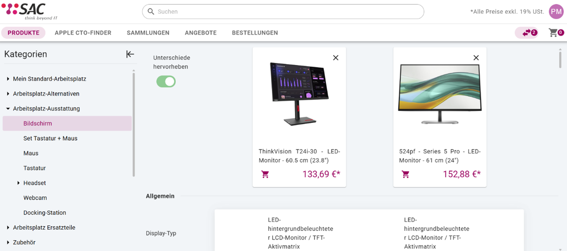 Die SAC Shop wird angezeigt. Auf der linken Seite befindet sich die Navigationsleiste der Produktkategorien. In der Mitte werden zwei Computermonitore angezeigt. und diese Verglichen