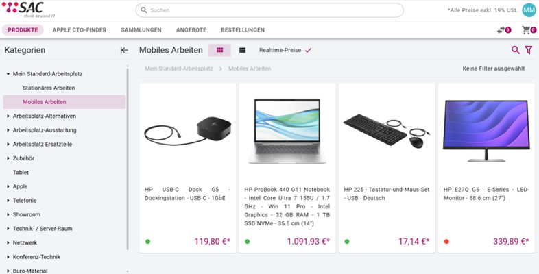 Die SAC Shop wird angezeigt. Auf der linken Seite befindet sich die Navigationsleiste der Produktkategorien. Ausgewählt ist Mobiles arbeiten. Eine Docking Station, eine Notebook, ein Tastatur und Maus Set sowie ein Monitor angezeigt.