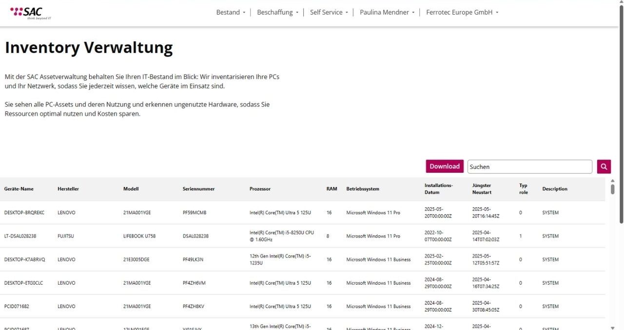 Auf dem Screenshot ist der Bereich Inventory Verwaltung aus dem SAC IT Self Service Portal sichtbar. Zu sehen ist eine Geräteübersicht.