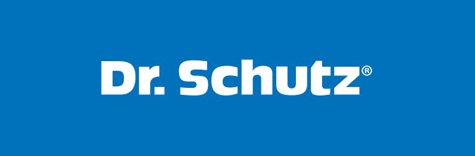 Dr-Schutz-Logo Auf dem Logo von Dr. Schutz ist Dr. Schutz in weiß auf blauen Hintergrund geschrieben.